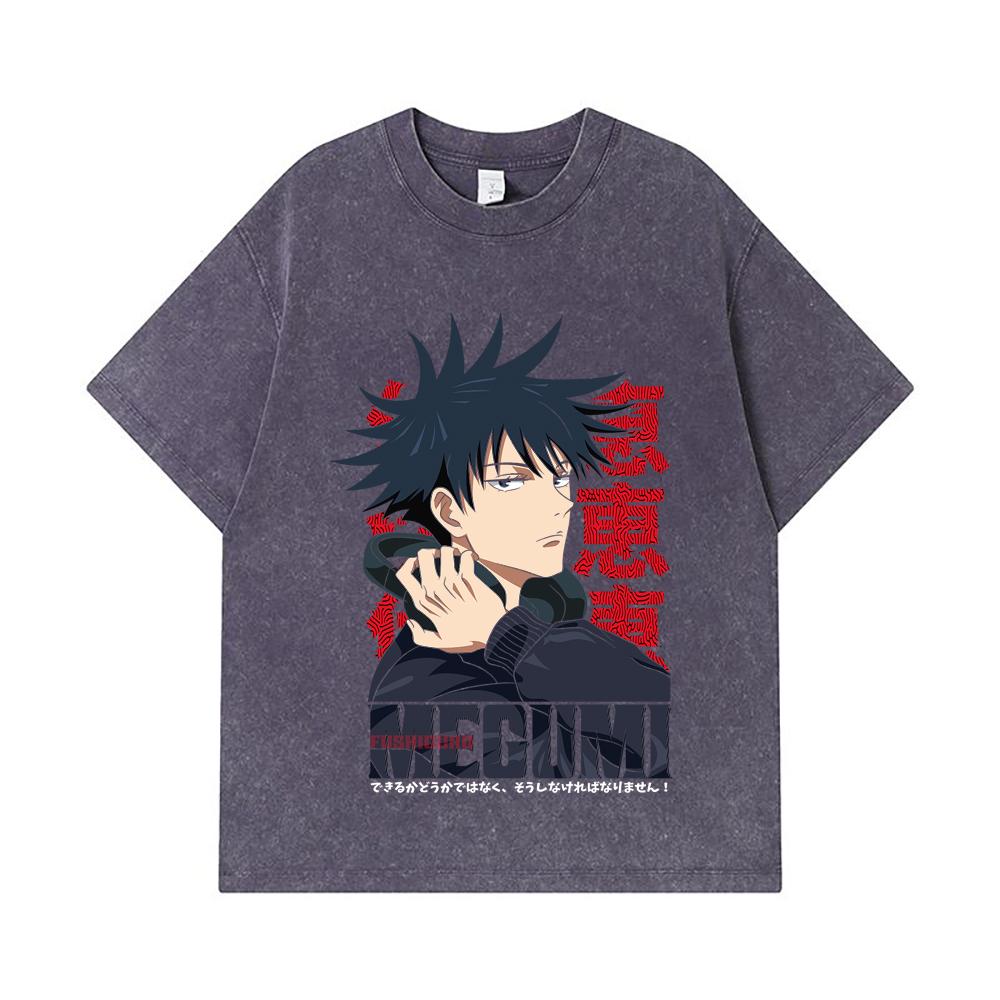 275 GSM Washed T-shirts 100% Cotton Jujutsu Kaisen V38 Megumi Print Unisex Heavy Cotton T Shirt