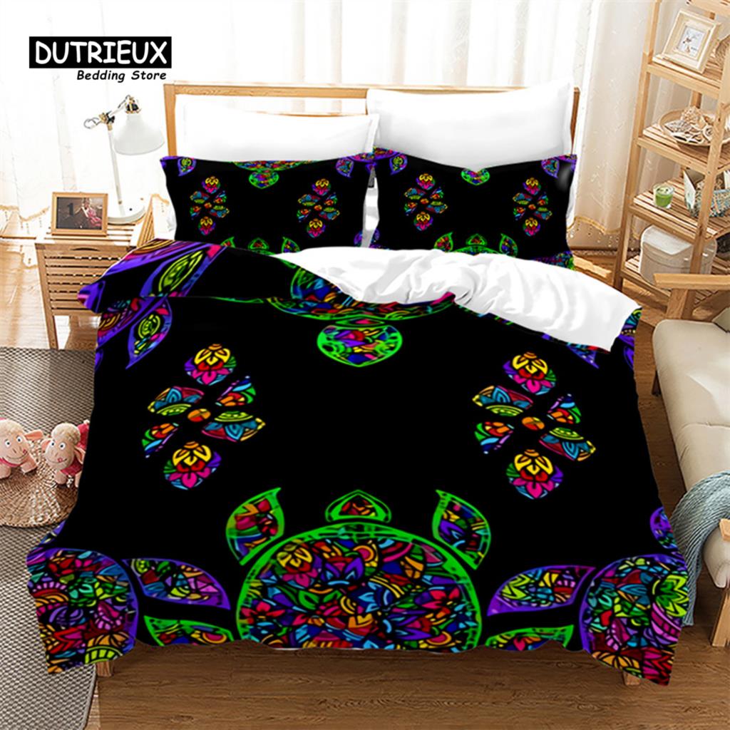 Exotic Turtle Duvet Cover Full King Microfiber Kawaii Sea Animal Comforter Cover Bohemia Tattoo Style Ocean Theme Bedding Set