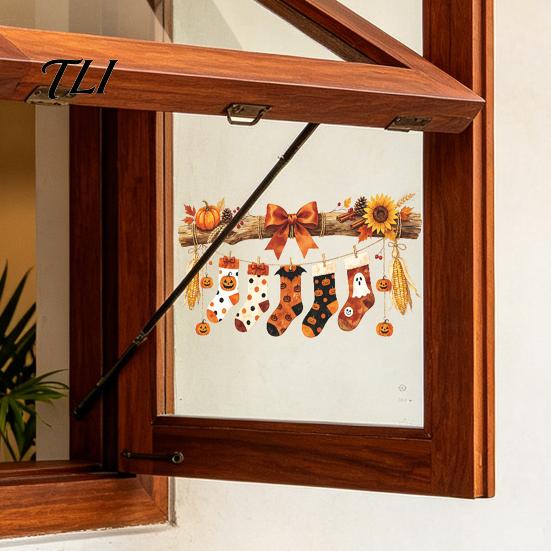 Halloween Party Supplies Hanging Socks Window Stickers, Decorative Branch Pumpkin Popcorn & Bow Decals for Autumn Reusable Clings Harvest Festival And