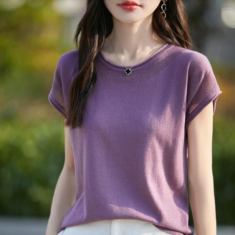 Dámský vlněný pulovr s krátkým rukávem kašmír Qinghe 50% hedvábí 50% vlna jaro a léto vlněná bezrukávová vesta měkká a pohodlná