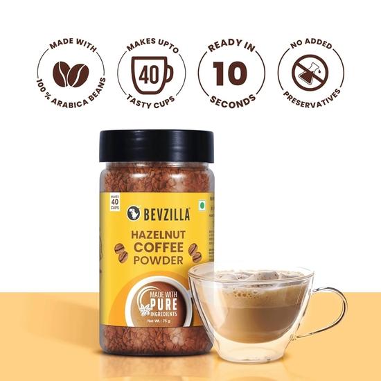 Bevzilla 75g Hazelnut Flavored Coffee Powder Jar | Premium Arabica Coffee | Ideal for Espresso, Latte & Cappuccino | Hot & Cold Coffee Brews
