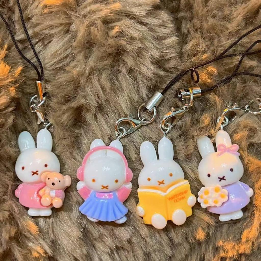 Kawaii Miffy Rabbit Head Small Key Chain Cute Doll Keyring Backpack Cartoon Small Ornament Adorable Charm Decorative Girl Gift