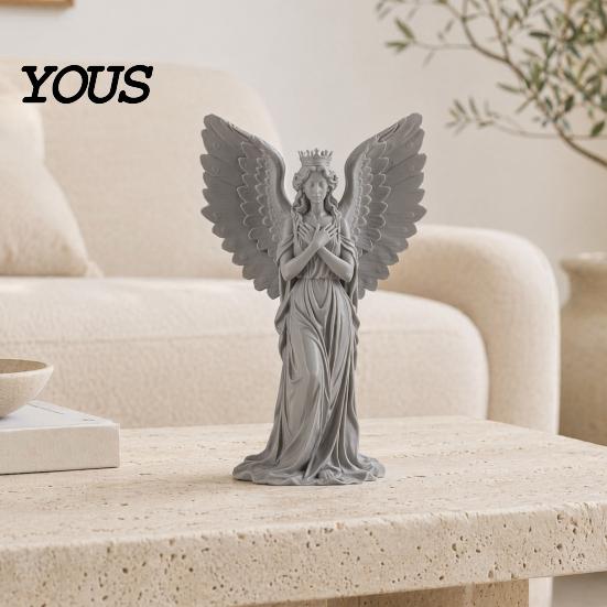 Retro Angel Sculpture 3D Printed Crown Figurine, Vintage Guardian Angle Statue, Healing Statue Artistic Winged Women for Home Tabletop Decoration