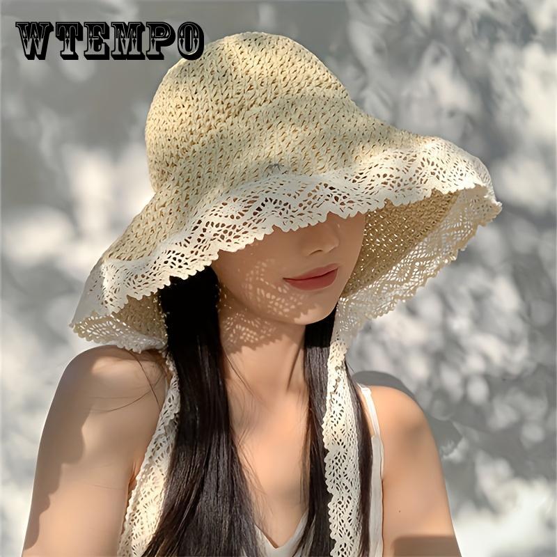 Women'S Wide Brim Sun Hat for Summer, Breathable & Foldable with Lace Trim and Adjustable Chin Strap - Lightweight Crochet Beach Hat, Protection