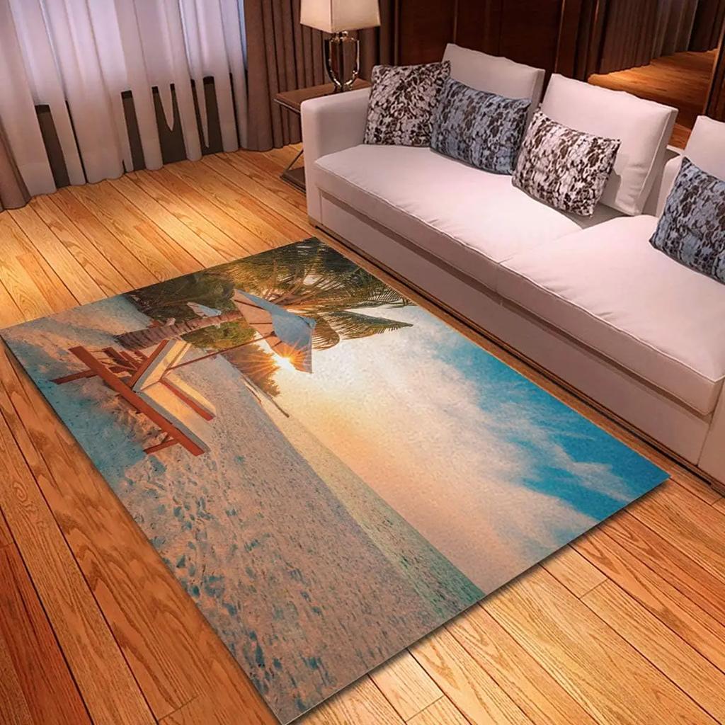 Ocean Area Rugs Beach Rug, Coastal Nature Theme Teal Carpet Boys Girls Hawaiian Sea Wave Animal's Shell Starfish Rug for Bedroom