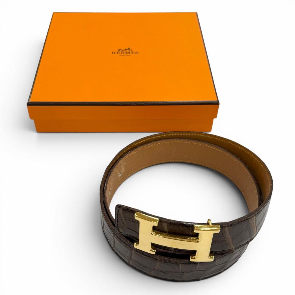 Very Good HERMES belt Polosus Dark brown Crocodile mens Used