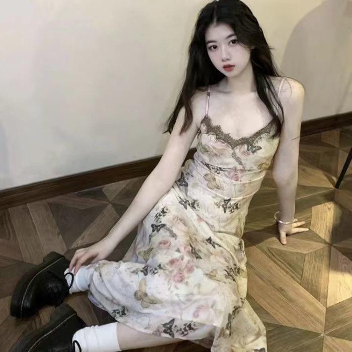 V-neck coffee break French butterfly floral suspender dress children s summer new seaside vacation beach dress S