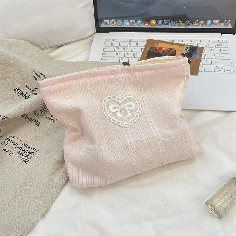 Beautiful INS Simplicity Cosmetic Bag Sweet Embroidery Bow Striped Makeup Case Portable Travel Earphone Cable Storage Bags