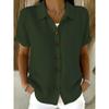Women Blue Linen Blend Button Down Short Sleeve Casual Shirt