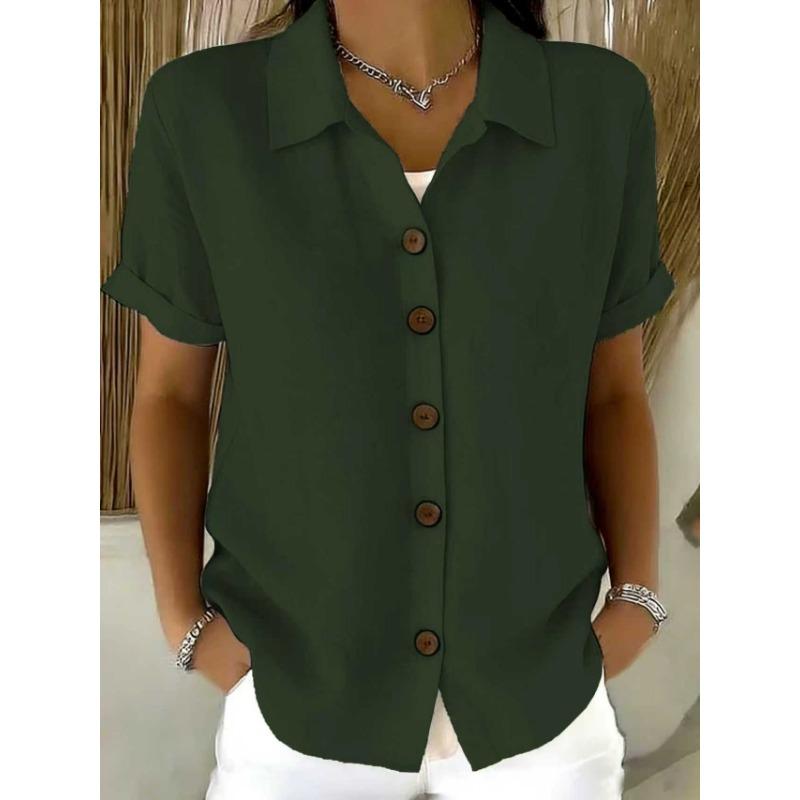 Women Blue Linen Blend Button Down Short Sleeve Casual Shirt