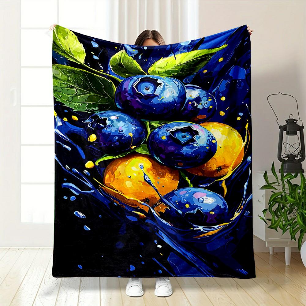 Blueberries and Oranges Splash Artwork Patterned Flannel Blanket Perfect for the Bedroom Living Room, Sofa, or a Little Nap