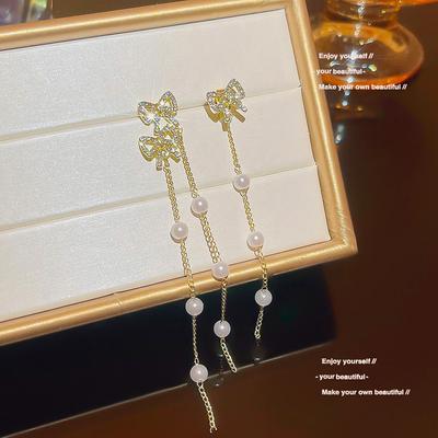S925 Silver Bow Pearl Earrings Temperament Ins Niche Design Earrings New Online Celebrity Tassel Earrings