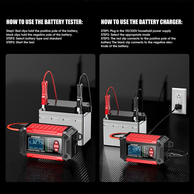 FOXSUR 12V 6A FTC-1206 Smart Car Battery Charger 2 in 1 For Motor Car Repair Mode LCD Display AGM LiFePO4 Lead Acid