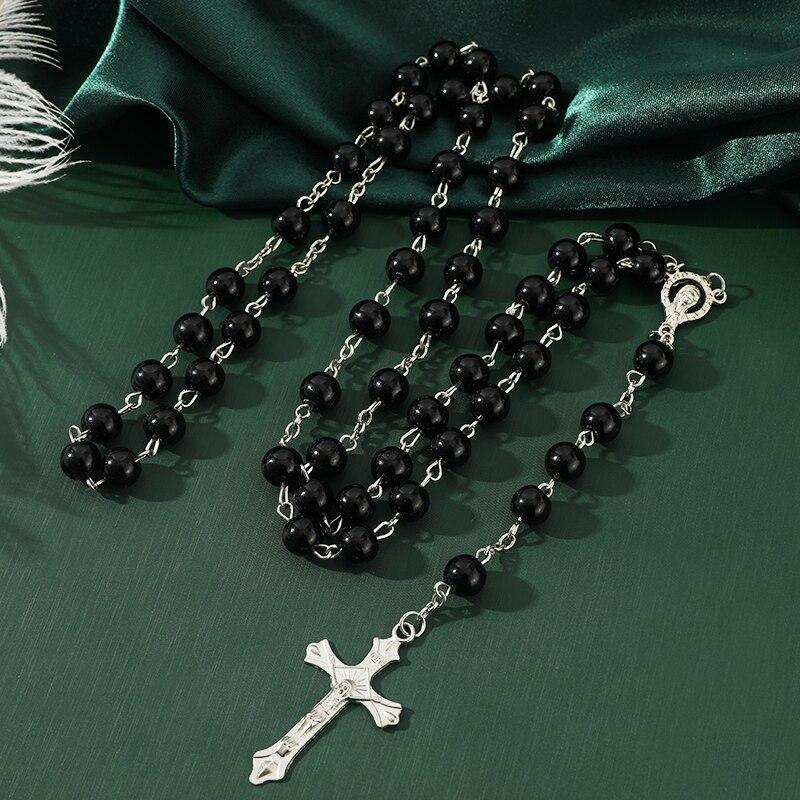 1 Stück Handgefertigte Halskette Damen Imitation Vintage Perlen Rosenkranzperlen Mit Kreuz Anhänger Schmuck