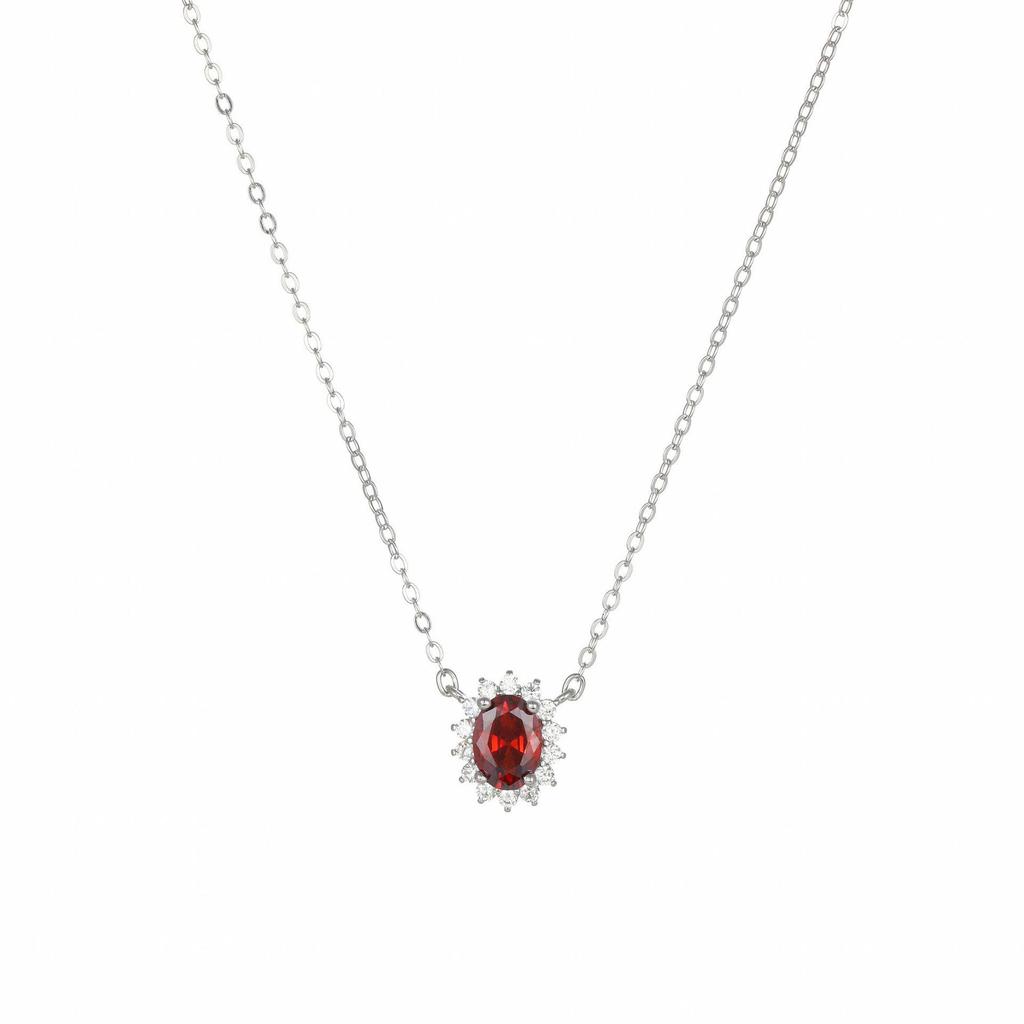 18K Gold Plated Sterling Silver Garnet Red Ruby Necklace for Women - Retro Fashion Clavicle Chain