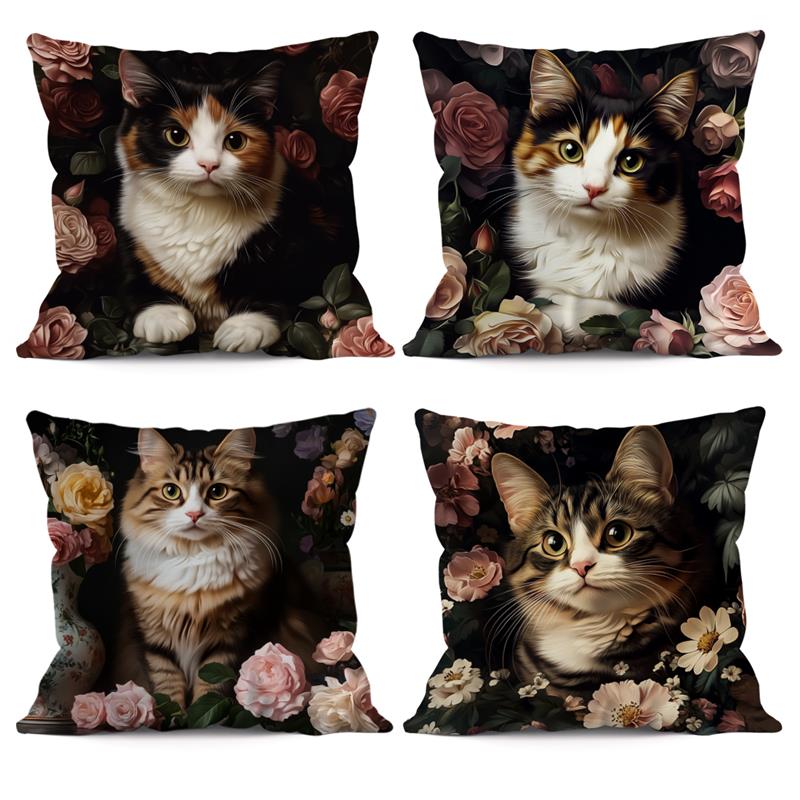 1 Pc Retro Cat Flowers Pillow Cover For Home Living Room Bedroom Sofa Office Decorative Pillowcase Soft Throw Pillows 45*45 Cm