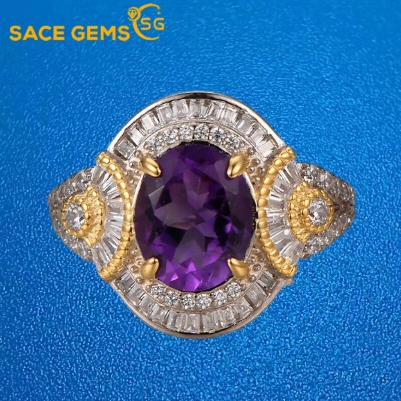 Sace Gems Inele de lux cu ametist natural, redimensionabile, din argint 925, pentru femei, cocktail de logodna, cadou de bijuterii fine