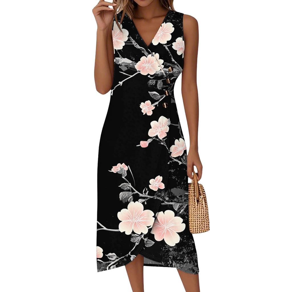 Women's Casual V-Neck Spring/Summer Sleeveless Button Retro Print Dress