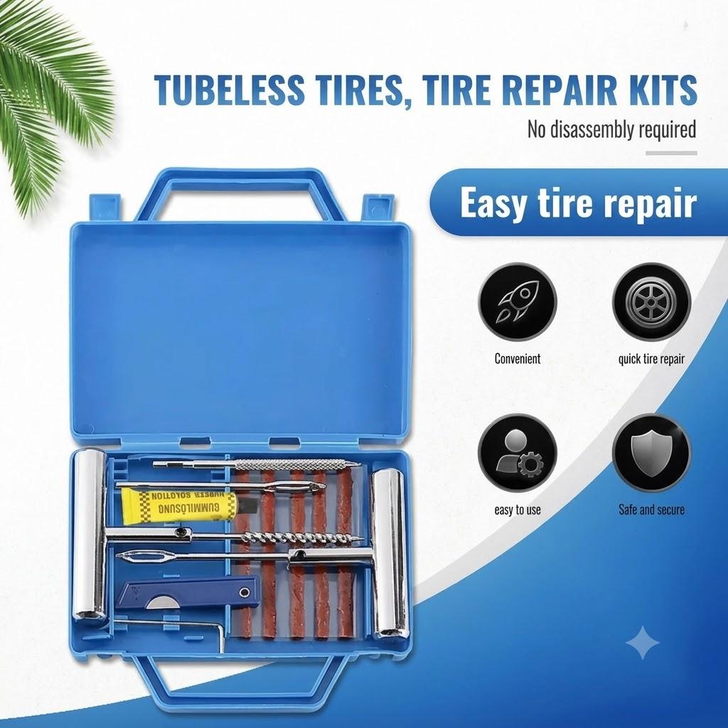 Car Repair and Tire Repair Tool Set, Metal Iron Handle, Super Hardness, Quick Emergency Repair, Vacuum Tire Cover Box