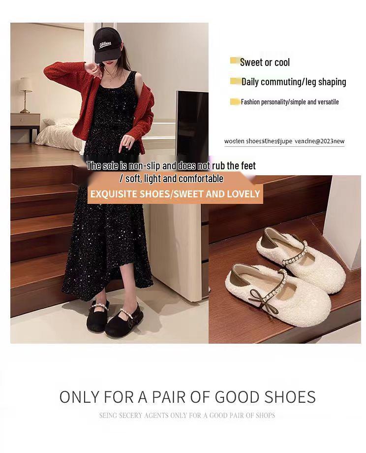 Korean Style Pearl Bow Faux Fur Loafers for Women - Autumn 2025