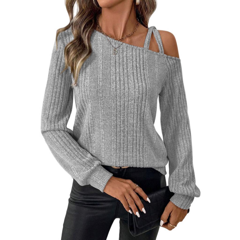 Damen Casual Mode Langarm Off-Shoulder T-Shirt Asymmetrisches Einfarbiges Top mit Trägern