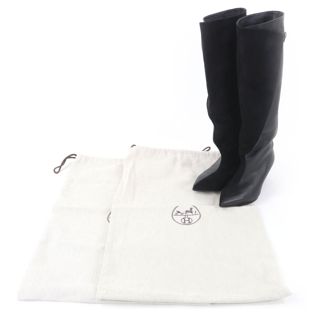 Great HERMES Knee-high boots Ilona black leather Women 36 232007Z Used
