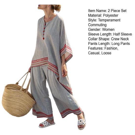 Women's Stripe 2 Piece Outfit Crew Neck Half Sleeve Top And Wide Leg Pants Set Casual Loose Beach Set