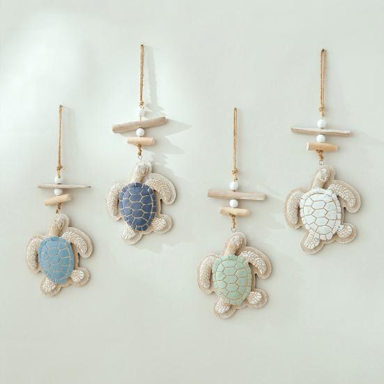 Maritimes Holz-Meeresschildkröten-Hängeornament mit Hanfseil Rustikales Schildkröten-Treibholz Strandwandkunst für Badezimmer Wohnzimmer