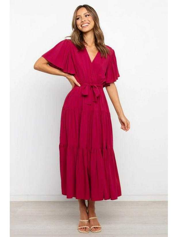 Böhmisches V-Ausschnitt Druck Kurzarm Taillenbetontes Langes Kleid Verfügbar