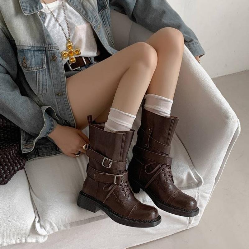 Autumn and Winter Large Tube Knight Boots Women's Leather Large Size Women's Boots Sleeve Solid Color Cowhide Rubber Sole Versatile Medium Tub