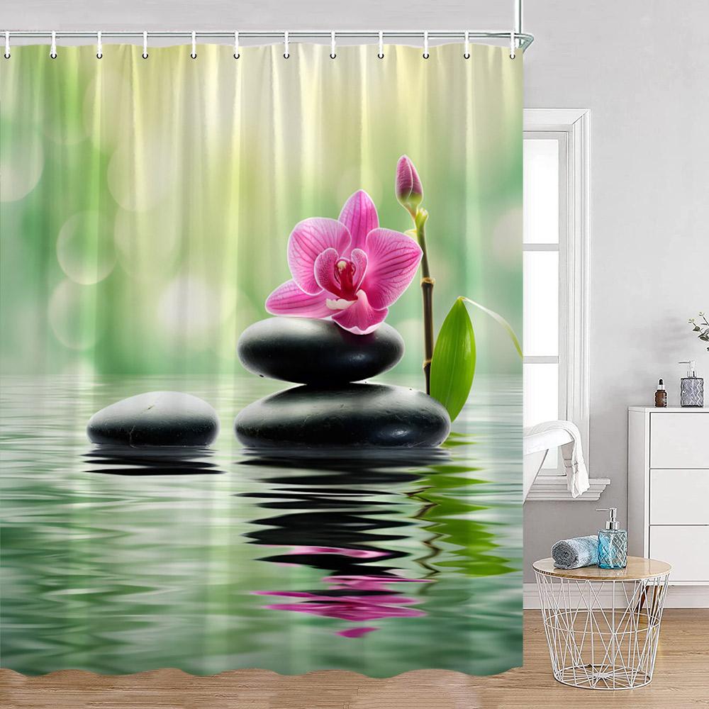 Zen Shower Curtains Green Bamboo Lotus Black Stones Buddha Meditation Bathroom Decorations Polyester Bath Curtain with Hooks