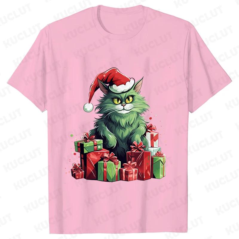 New Year Short Sleeve Tshirt Cute Cat Print Tops Fashion Xmas Unisex Tees Shirt Trend Graphic Christmas Male Oversized Clothing