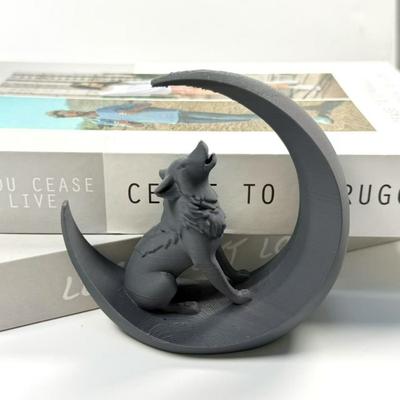 3D Printed Wolf and Moon High Aesthetic Creative Desk Decor Office Tabletop Mini Sculpture Modern Home Desktop Ornament Gift