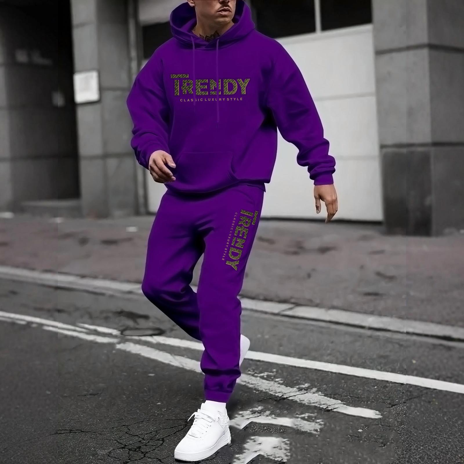 

Men s Casual Color Letter-printed Sweatshirt Set, Men s Fleece Hooded Drawstring Sweatshirt And Sweatpants Two-piece Set M фіолетовий