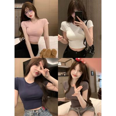 Camiseta Pura para Mulheres, Garotas Doces e Quentes, Camiseta Básica Sexy Slim Curta, Top Slim de Verão de Manga Curta