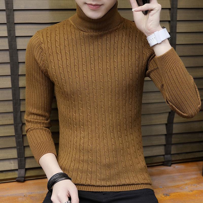 Men's Autumn and Winter Casual Solid Color High Neck Long Sleeve Knit Slim Jersey