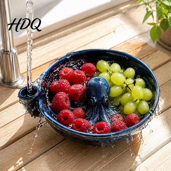 Sturdy Ceramic Draining Dish Octopus Shaped Berry Washing Bowl with Drainage Slots Retro Style Creative Kitchen Countertop Decor Fruit Strainer,