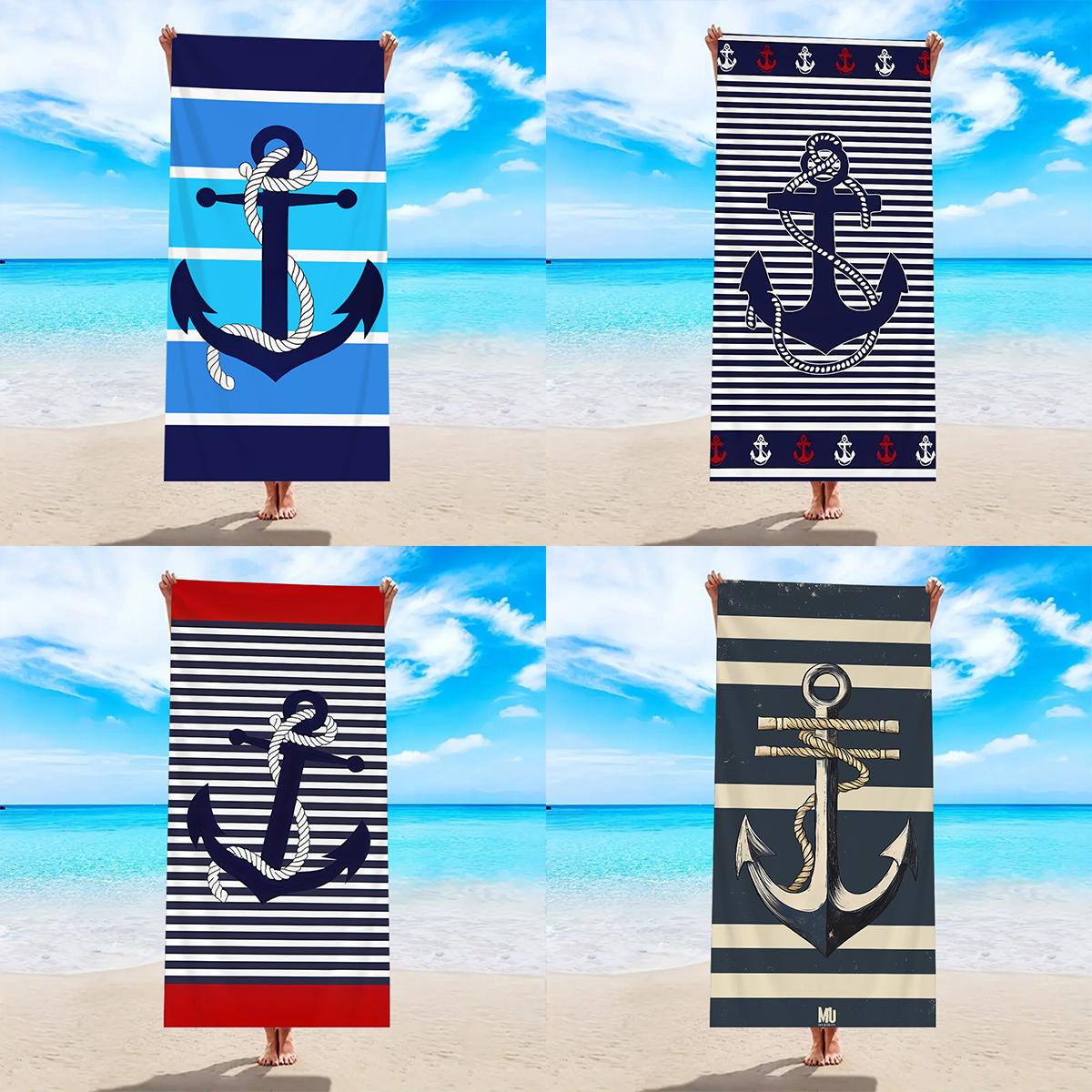 Ka Chen Muda White 1Pc Sea Element Stripes, Boat Anchor Print Large Beach Towel, Sports Swimming, Yoga Multifunctional Beach Towel