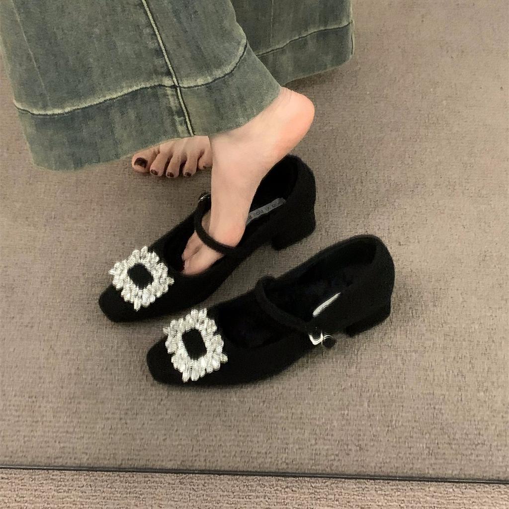 French velvet gray Mary Jane fluffy shoes women's shoes 2025 autumn and winter temperament high heel square head rhinestone shoes