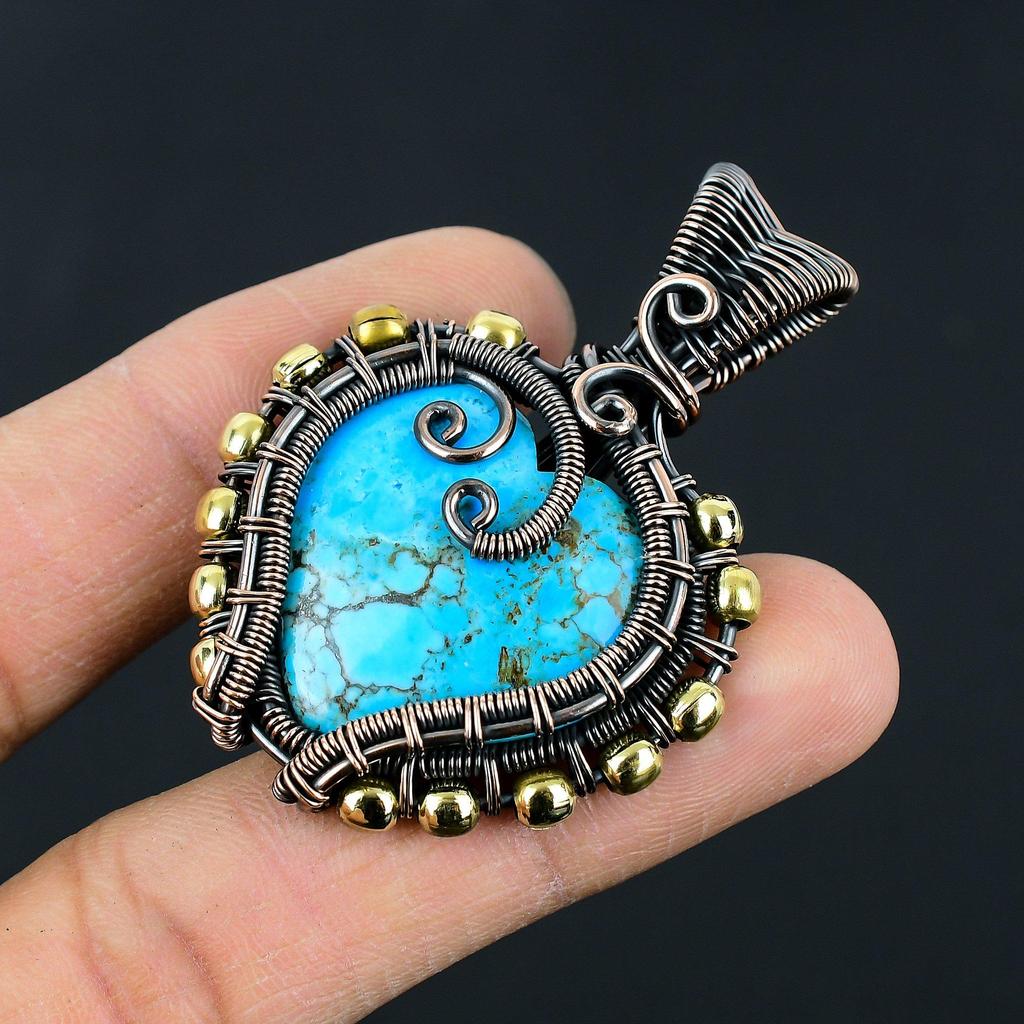 Handmade Wire Wrapped Turquoise Heart Pendant Oxidized Copper Jewelry Heart-Shaped Gemstone Pendant for Women