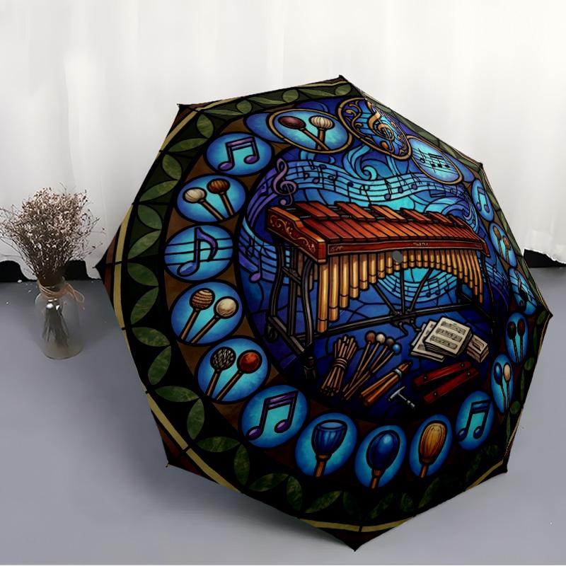 Musical Harmony Glass Pattern Umbrella, Portable and Foldable Design, 8 Ribs, a Casual Accessory for Halloween, Christmas, and Birthday Gifts.