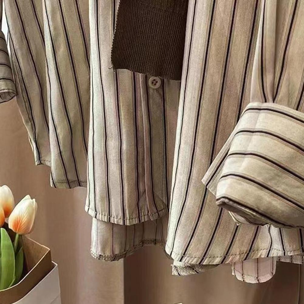 Autumn Maillard Style Fake Two-piece Women Shirt Brown Kintted Shawl Back Vertical Stripe Shirt Blouse French Style Women Shirt