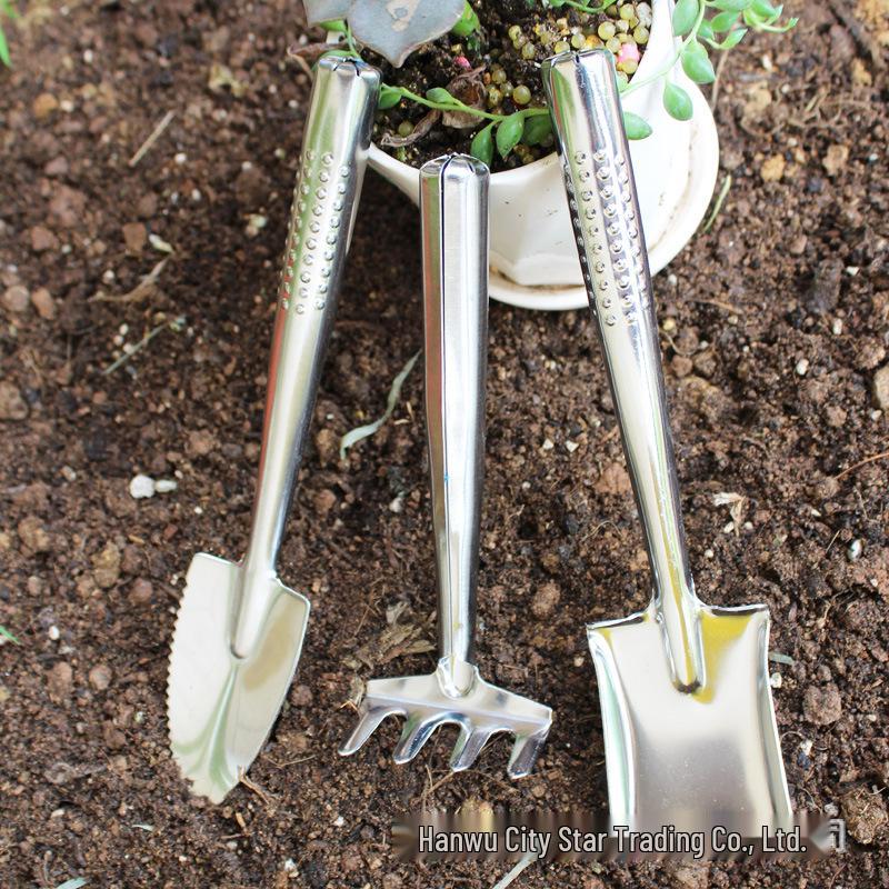 Gartenwerkzeug-Set aus Edelstahl: Schaufel, Hacke und Rechen für Blumen und Topfpflanzen.