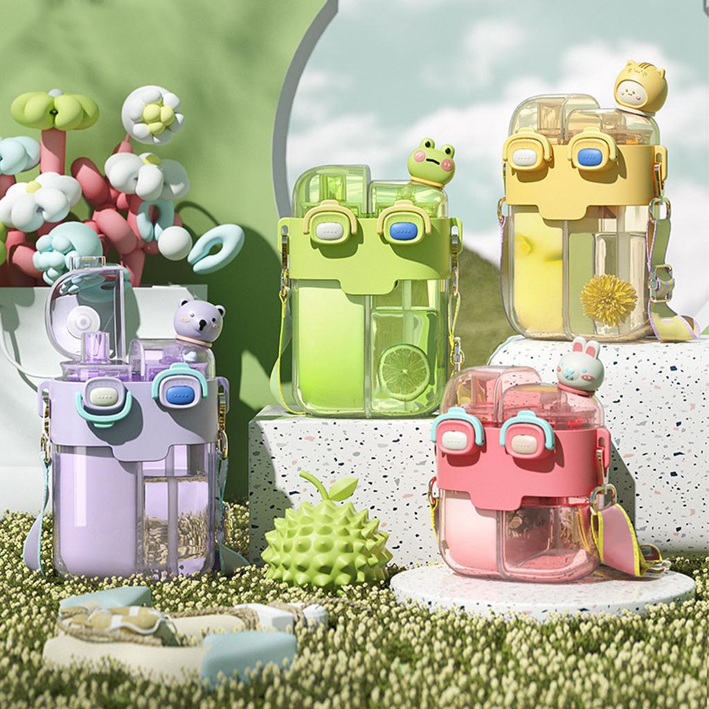 Kawaii Wasserflasche Mode Plastik Doppel Trinkwasserflasche mit Stroh Halteriemen für