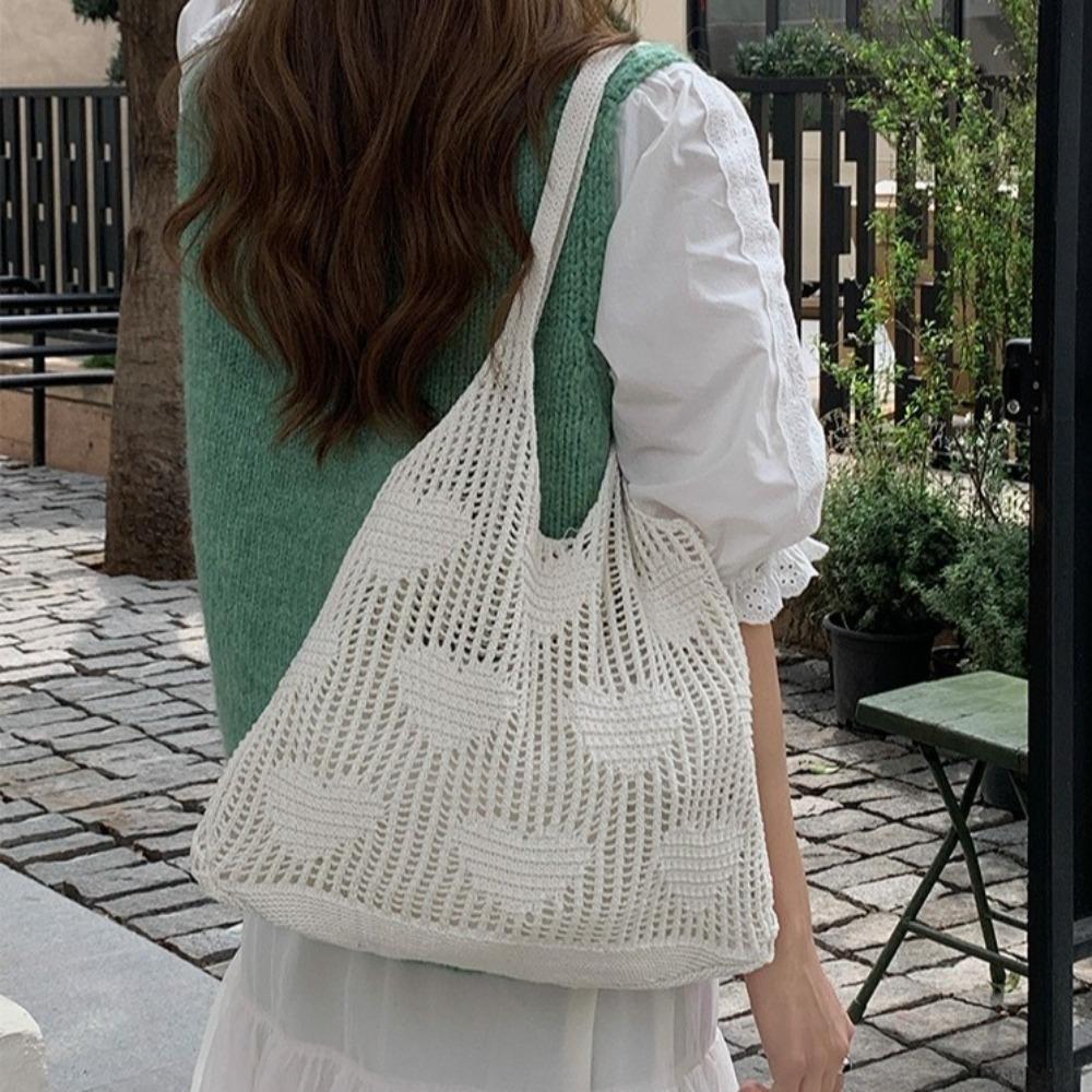 Love Heart Knitted Shoulder Bag Hollow Out Reusable Grocery Bag Portable Woven Shopping Bag  Girl
