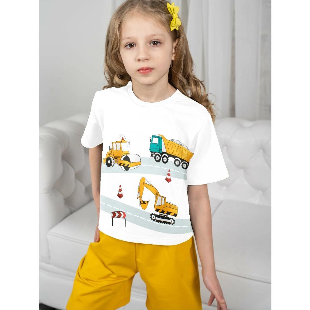 

Детская одежда для девочек Футболка с экскаваторами 2024 Одежда для девочек Детские футболки Модная одежда для девочек Топ с летним рисунком 5-6Y
