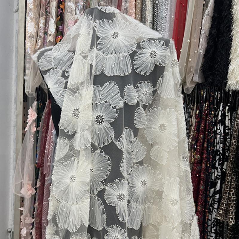 

90x130cm Heavy Industry 3D Flowers Nail Bead Embroidery Fabric Women s Wedding Dress Sequin Lace Fabric DIY Sewing Accessories 90x130cm