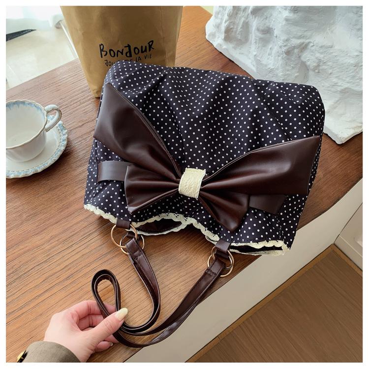 Neue Mode Polka Dot Schleife Spitze Große Kapazität Schultertasche für Damen Pendler Tote Handtasche