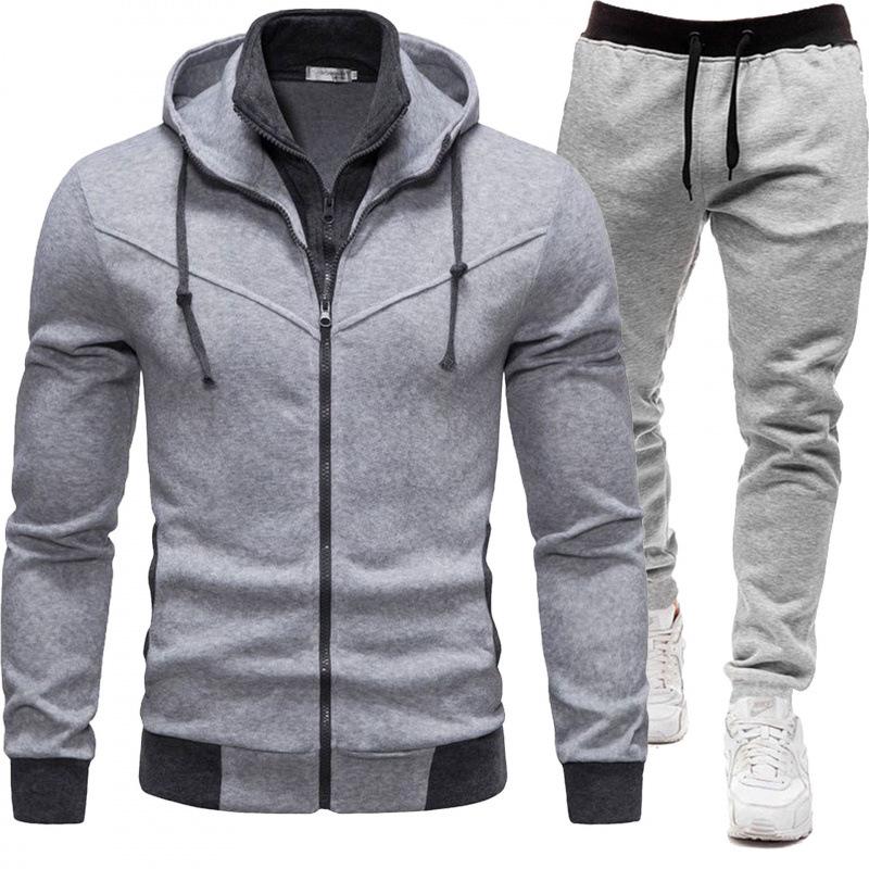 2026 Men's Sporty Patchwork Hooded Jacket and Long Pants Set for Autumn/Winter