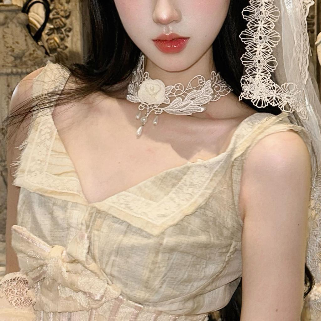 Pure Desire Wind White Lace Flower Tassel Necklace Vintage Court Wind Pearl Neck Strap Sweet Lolita Collarbone Chain